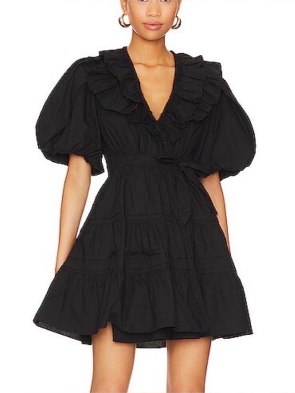 Black Ruffle wrap Puff Sleeve Dress